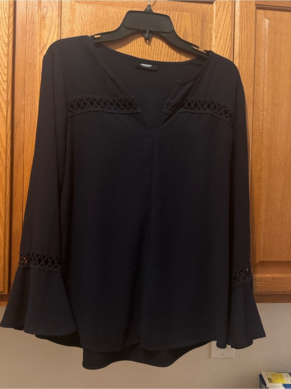 Premise Navy Crochet-Trim V-Neck Bell Sleeve Blouse